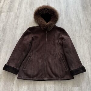 Vintage Marvin Richards Suede Leather Coat Jacket Fur Collar Womens Large Brown